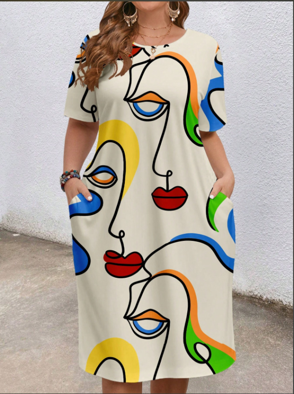 Európai és amerikai határokon átnyúló női ruházat 2025 nyári új stílus kényelmes kerek nyakú zsebes divat elegáns kontrasztos színű rövid ujjú ruha