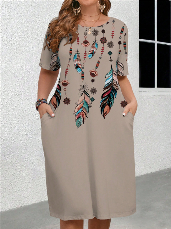 Európai és amerikai határokon átnyúló női ruházat 2025 nyári új stílus kényelmes kerek nyakú zsebes divat elegáns kontrasztos színű rövid ujjú ruha