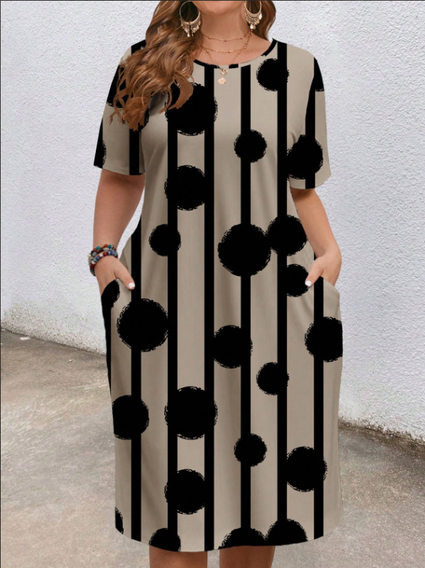 Európai és amerikai határokon átnyúló női ruházat 2025 nyári új stílus kényelmes kerek nyakú zsebes divat elegáns kontrasztos színű rövid ujjú ruha
