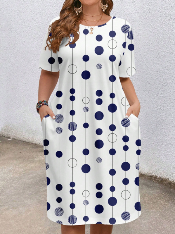 Európai és amerikai határokon átnyúló női ruházat 2025 nyári új stílus kényelmes kerek nyakú zsebes divat elegáns kontrasztos színű rövid ujjú ruha