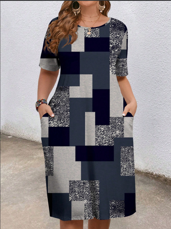 Európai és amerikai határokon átnyúló női ruházat 2025 nyári új stílus kényelmes kerek nyakú zsebes divat elegáns kontrasztos színű rövid ujjú ruha