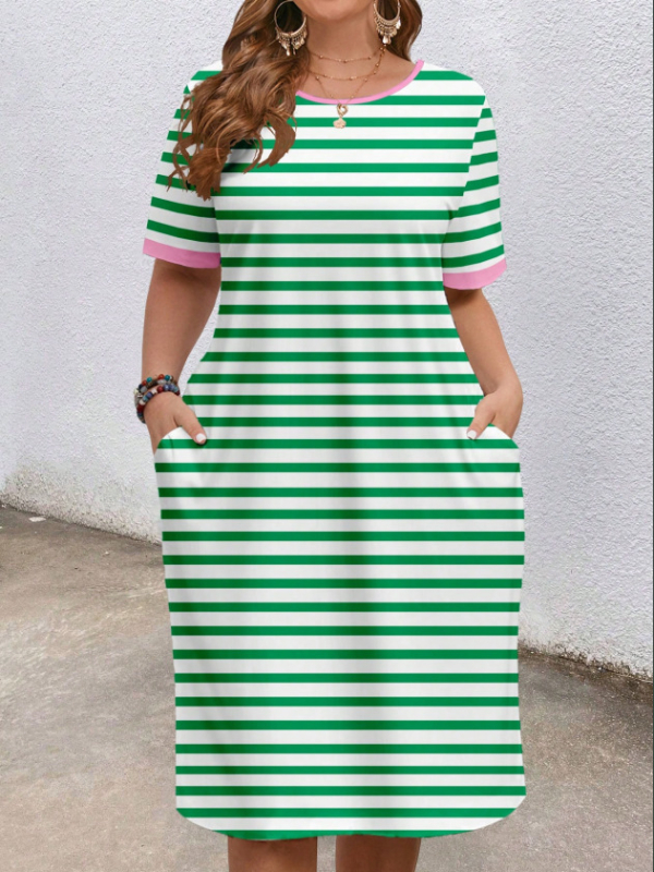 Európai és amerikai határokon átnyúló női ruházat 2025 nyári új stílus kényelmes kerek nyakú zsebes divat elegáns kontrasztos színű rövid ujjú ruha