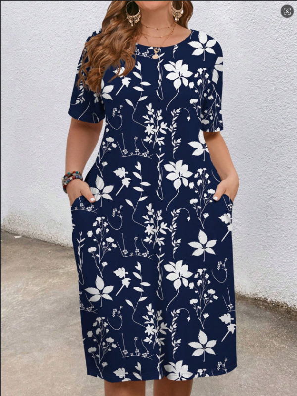 Európai és amerikai határokon átnyúló női ruházat 2025 nyári új stílus kényelmes kerek nyakú zsebes divat elegáns kontrasztos színű rövid ujjú ruha