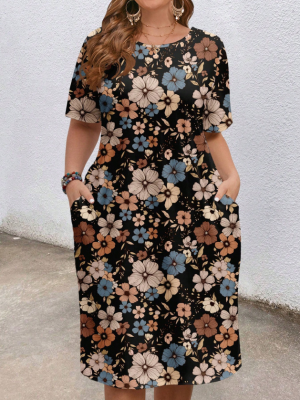 Európai és amerikai határokon átnyúló női ruházat 2025 nyári új stílus kényelmes kerek nyakú zsebes divat elegáns kontrasztos színű rövid ujjú ruha