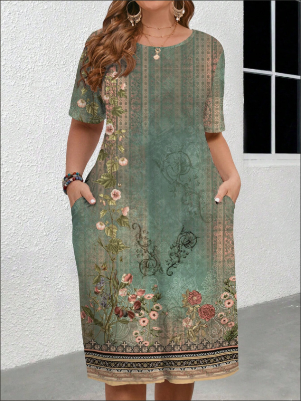 Európai és amerikai határokon átnyúló női ruházat 2025 nyári új stílus kényelmes kerek nyakú zsebes divat elegáns kontrasztos színű rövid ujjú ruha