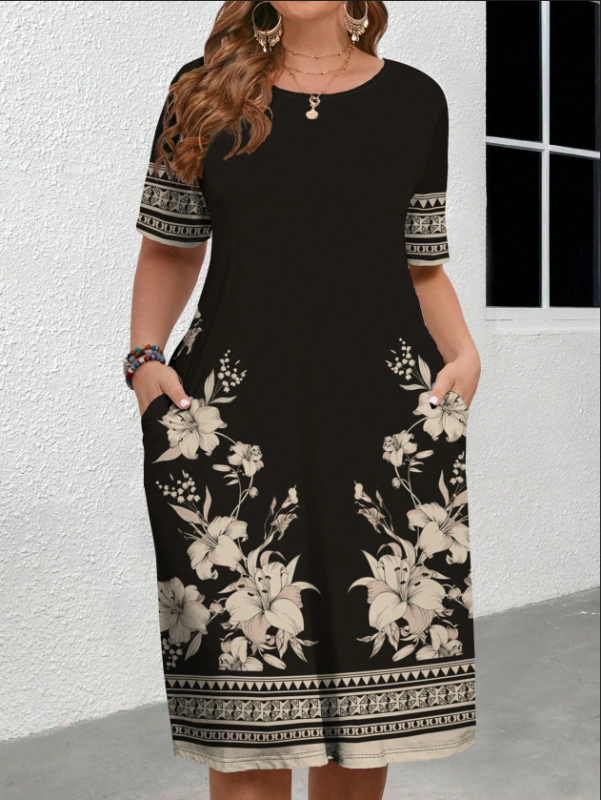 Európai és amerikai határokon átnyúló női ruházat 2025 nyári új stílus kényelmes kerek nyakú zsebes divat elegáns kontrasztos színű rövid ujjú ruha