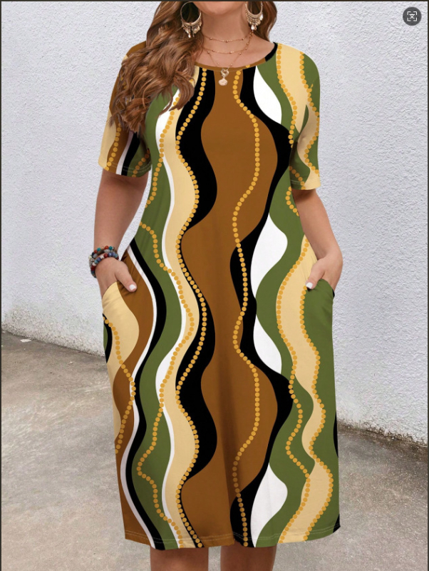 Európai és amerikai határokon átnyúló női ruházat 2025 nyári új stílus kényelmes kerek nyakú zsebes divat elegáns kontrasztos színű rövid ujjú ruha