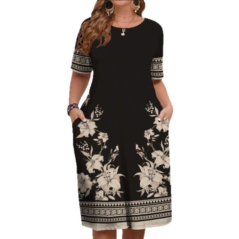 Európai és amerikai határokon átnyúló női ruházat 2025 nyári új stílus kényelmes kerek nyakú zsebes divat elegáns kontrasztos színű rövid ujjú ruha