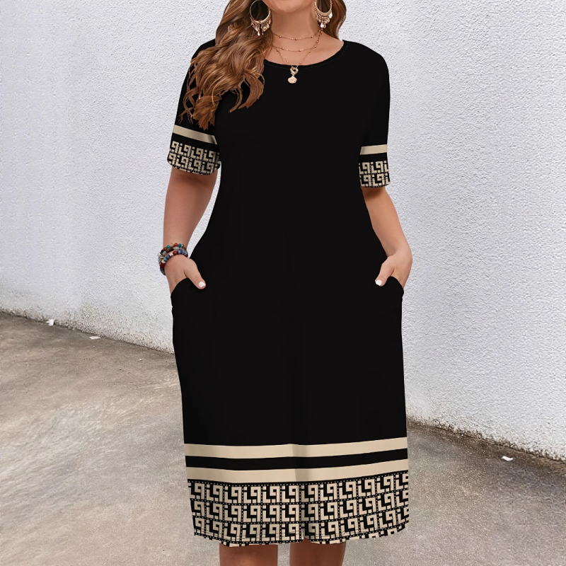 Európai és amerikai határokon átnyúló női ruházat 2025 nyári új stílus kényelmes kerek nyakú zsebes divat elegáns kontrasztos színű rövid ujjú ruha