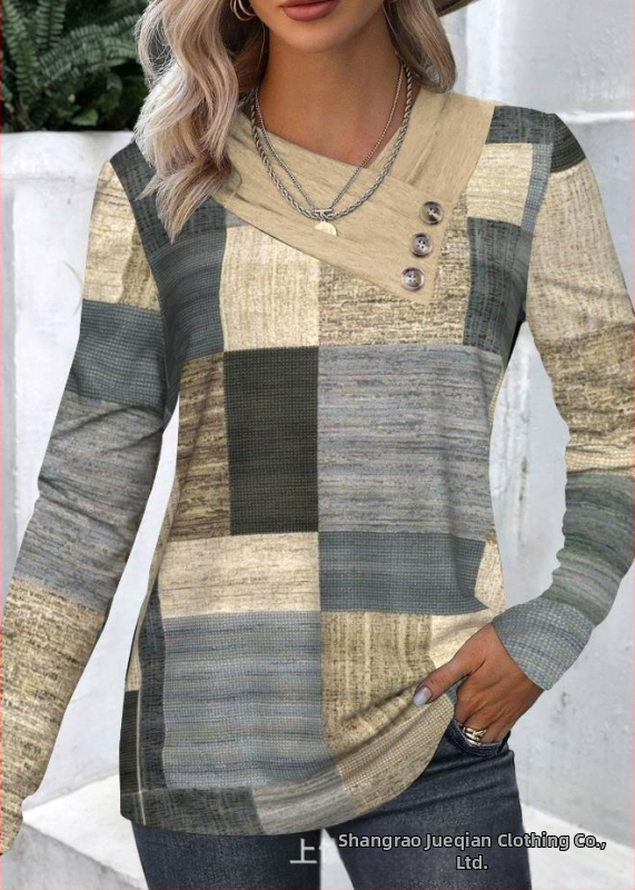 Határokon átnyúló Amazon AliExpress, Európa és az Egyesült Államok őszi és téli új divatos, nyomtatott V-nyakú, gombos hosszú ujjú póló felső