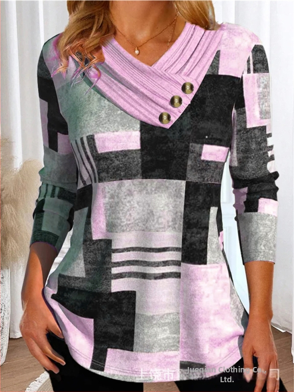 Határokon átnyúló Amazon AliExpress, Európa és az Egyesült Államok őszi és téli új divatos, nyomtatott V-nyakú, gombos hosszú ujjú póló felső