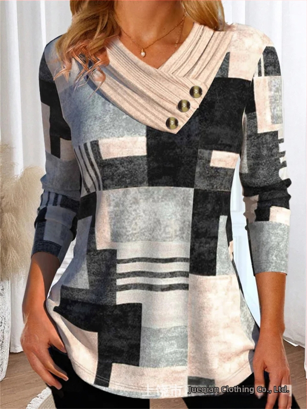 Határokon átnyúló Amazon AliExpress, Európa és az Egyesült Államok őszi és téli új divatos, nyomtatott V-nyakú, gombos hosszú ujjú póló felső