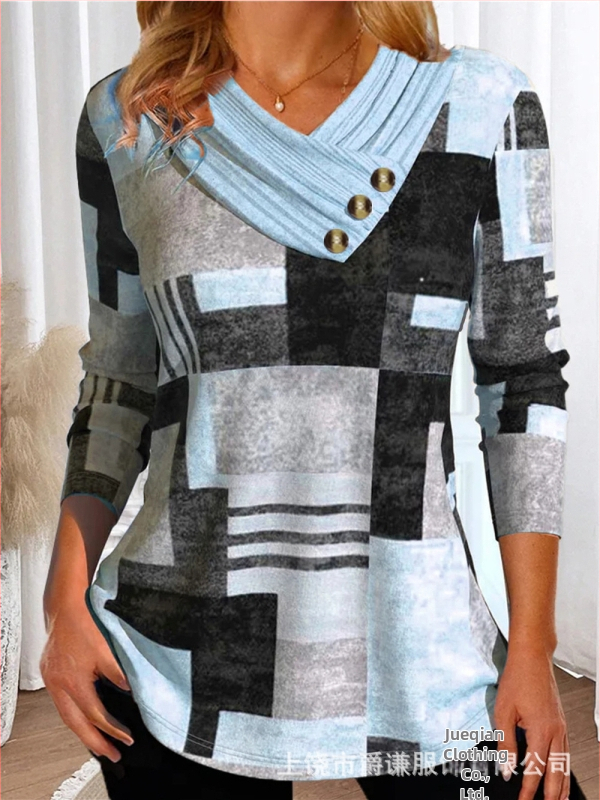 Határokon átnyúló Amazon AliExpress, Európa és az Egyesült Államok őszi és téli új divatos, nyomtatott V-nyakú, gombos hosszú ujjú póló felső