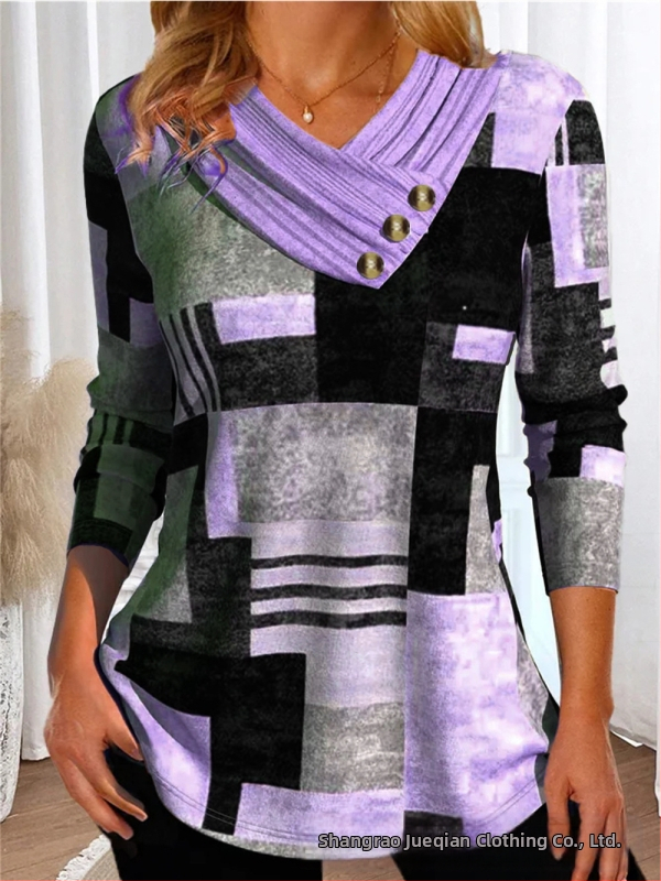 Határokon átnyúló Amazon AliExpress, Európa és az Egyesült Államok őszi és téli új divatos, nyomtatott V-nyakú, gombos hosszú ujjú póló felső