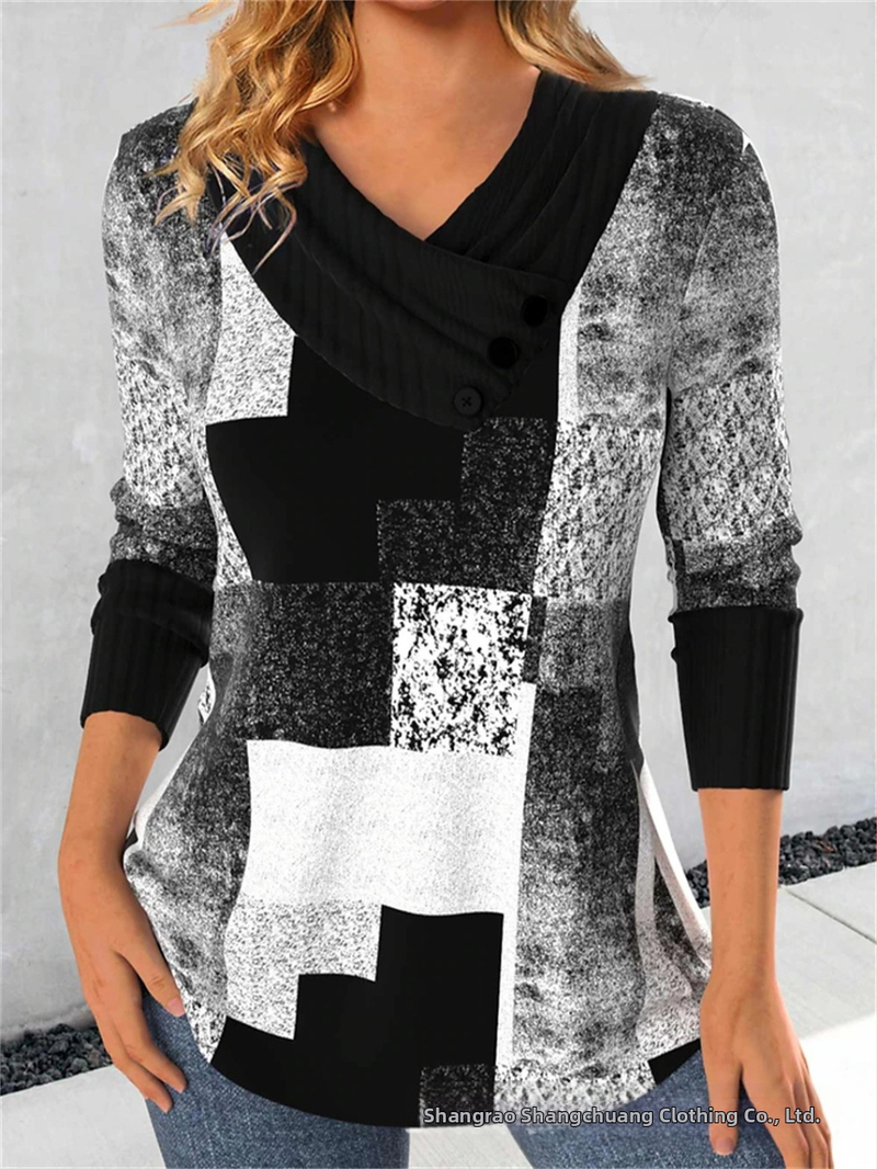 Határokon átnyúló Amazon AliExpress, Európa és az Egyesült Államok őszi és téli új divatos, nyomtatott V-nyakú, gombos hosszú ujjú póló felső