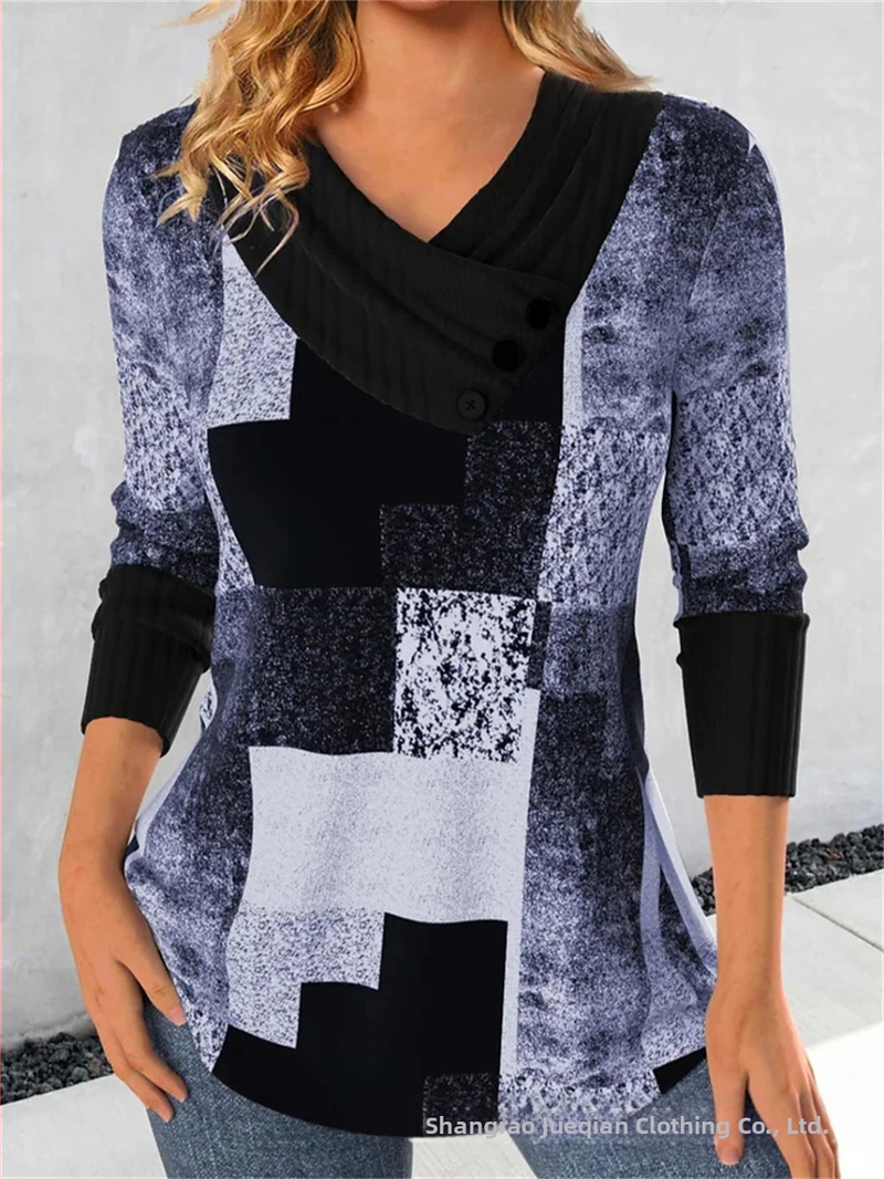 Határokon átnyúló Amazon AliExpress, Európa és az Egyesült Államok őszi és téli új divatos, nyomtatott V-nyakú, gombos hosszú ujjú póló felső