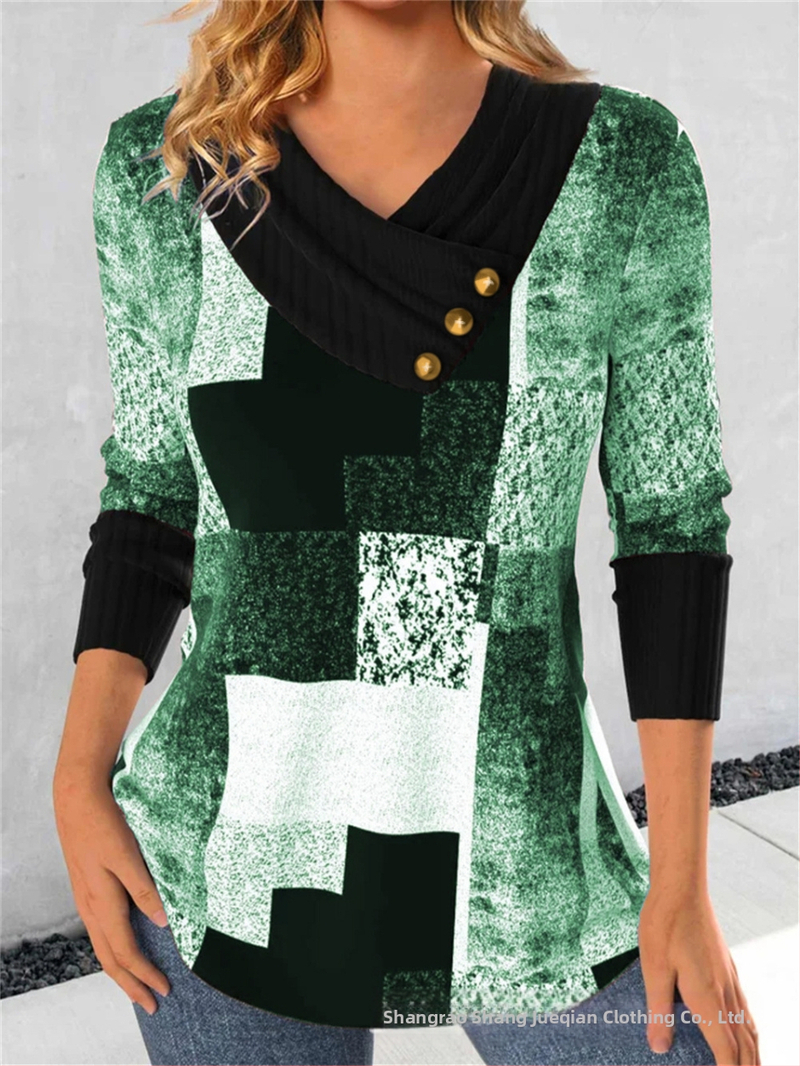 Határokon átnyúló Amazon AliExpress, Európa és az Egyesült Államok őszi és téli új divatos, nyomtatott V-nyakú, gombos hosszú ujjú póló felső