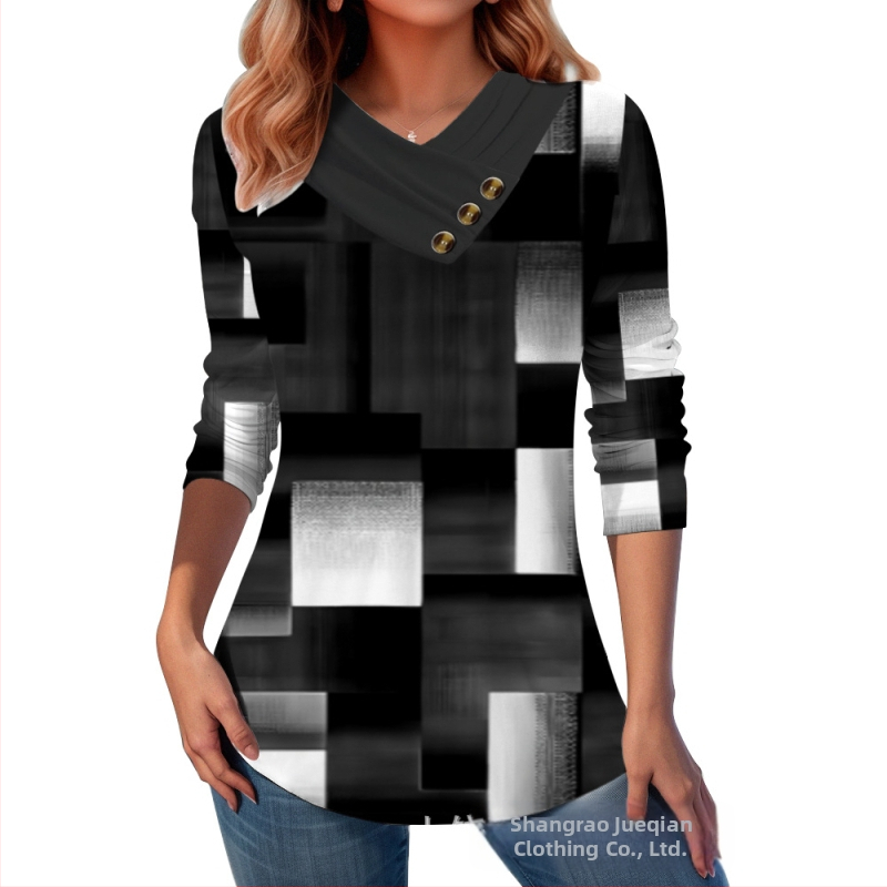 Határokon átnyúló Amazon AliExpress, Európa és az Egyesült Államok őszi és téli új divatos, nyomtatott V-nyakú, gombos hosszú ujjú póló felső