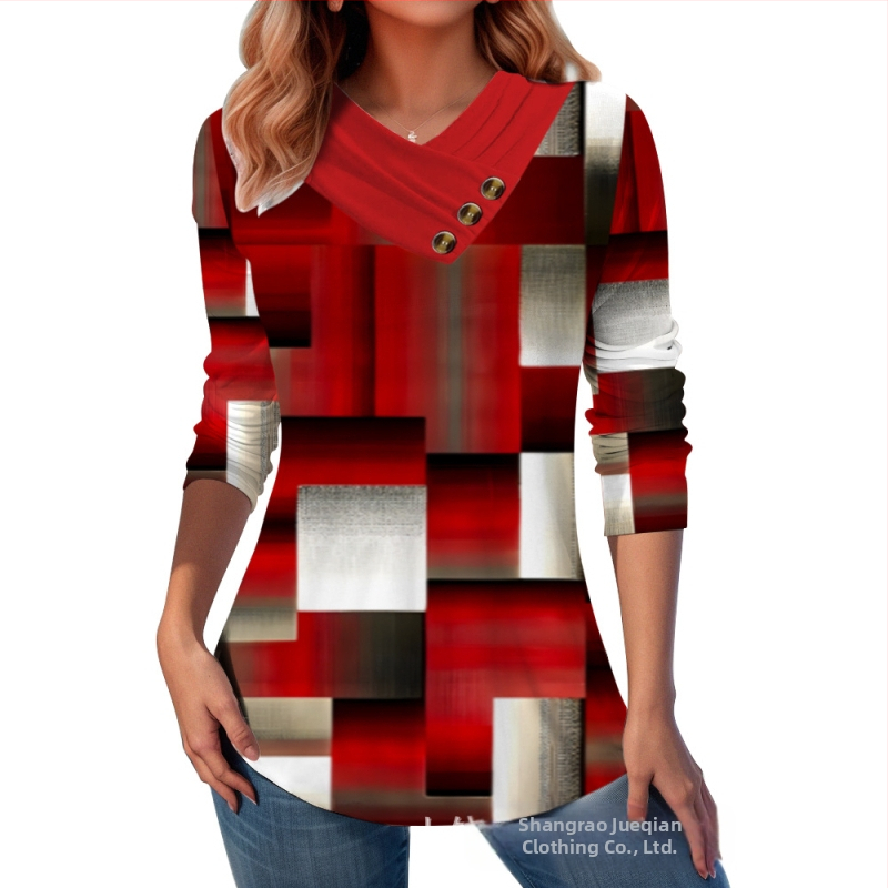 Határokon átnyúló Amazon AliExpress, Európa és az Egyesült Államok őszi és téli új divatos, nyomtatott V-nyakú, gombos hosszú ujjú póló felső
