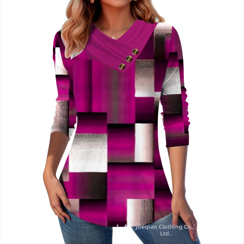 Határokon átnyúló Amazon AliExpress, Európa és az Egyesült Államok őszi és téli új divatos, nyomtatott V-nyakú, gombos hosszú ujjú póló felső