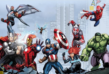 Tarpvalstybinis animacinis filmas „Žmogus-voras“ ir magiški herojai fone, audinio fotografija, vaikų gimtadienio šventės dekoravimo reklaminė juosta