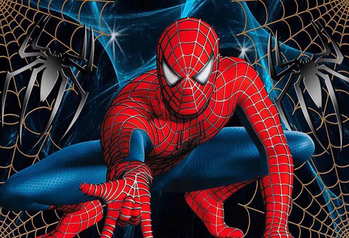 Tarpvalstybinis animacinis filmas „Žmogus-voras“ ir magiški herojai fone, audinio fotografija, vaikų gimtadienio šventės dekoravimo reklaminė juosta