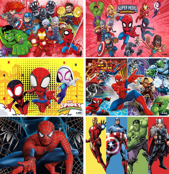 Tarpvalstybinis animacinis filmas „Žmogus-voras“ ir magiški herojai fone, audinio fotografija, vaikų gimtadienio šventės dekoravimo reklaminė juosta