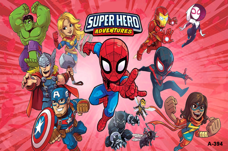 Tarpvalstybinis animacinis filmas „Žmogus-voras“ ir magiški herojai fone, audinio fotografija, vaikų gimtadienio šventės dekoravimo reklaminė juosta