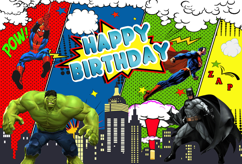 Tarpvalstybinis animacinis filmas „Žmogus-voras“ ir magiški herojai fone, audinio fotografija, vaikų gimtadienio šventės dekoravimo reklaminė juosta