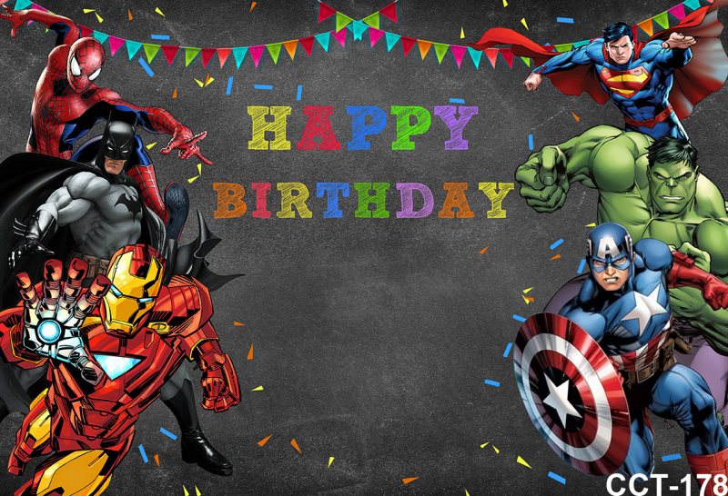 Tarpvalstybinis animacinis filmas „Žmogus-voras“ ir magiški herojai fone, audinio fotografija, vaikų gimtadienio šventės dekoravimo reklaminė juosta