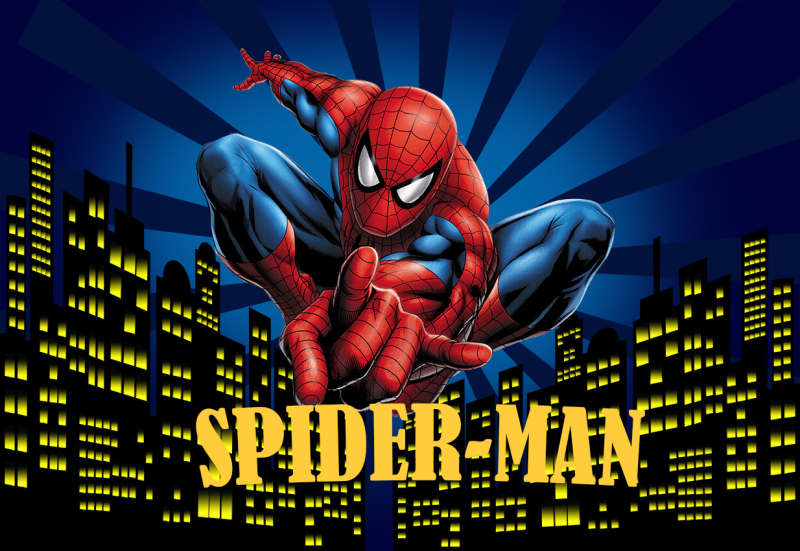 Tarpvalstybinis animacinis filmas „Žmogus-voras“ ir magiški herojai fone, audinio fotografija, vaikų gimtadienio šventės dekoravimo reklaminė juosta