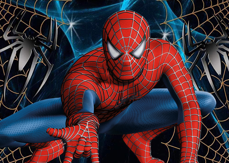 Tarpvalstybinis animacinis filmas „Žmogus-voras“ ir magiški herojai fone, audinio fotografija, vaikų gimtadienio šventės dekoravimo reklaminė juosta