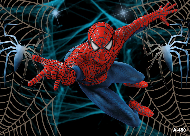 Tarpvalstybinis animacinis filmas „Žmogus-voras“ ir magiški herojai fone, audinio fotografija, vaikų gimtadienio šventės dekoravimo reklaminė juosta