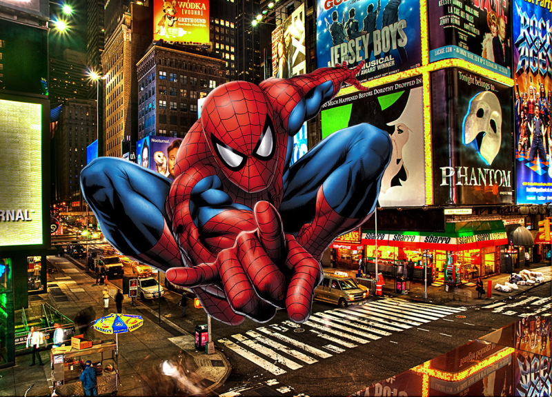 Tarpvalstybinis animacinis filmas „Žmogus-voras“ ir magiški herojai fone, audinio fotografija, vaikų gimtadienio šventės dekoravimo reklaminė juosta