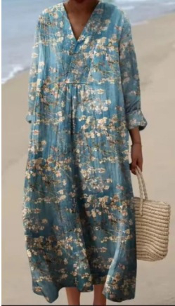 Sõltumatu jaama Euroopa ja Ameerika uus sügisene pikkade varrukatega kleit suurte suurustega V-kaelusega loominguline vabaaja pikkade varrukatega lahtine kleit