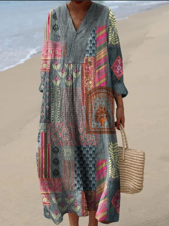 Sõltumatu jaama Euroopa ja Ameerika uus sügisene pikkade varrukatega kleit suurte suurustega V-kaelusega loominguline vabaaja pikkade varrukatega lahtine kleit