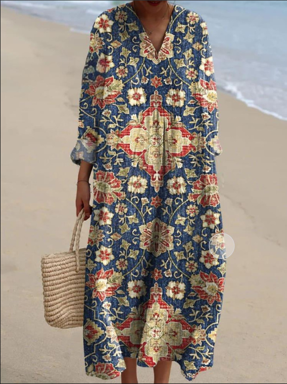 Sõltumatu jaama Euroopa ja Ameerika uus sügisene pikkade varrukatega kleit suurte suurustega V-kaelusega loominguline vabaaja pikkade varrukatega lahtine kleit