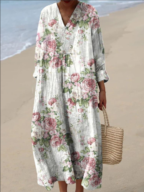 Sõltumatu jaama Euroopa ja Ameerika uus sügisene pikkade varrukatega kleit suurte suurustega V-kaelusega loominguline vabaaja pikkade varrukatega lahtine kleit