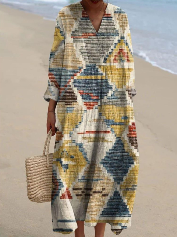 Sõltumatu jaama Euroopa ja Ameerika uus sügisene pikkade varrukatega kleit suurte suurustega V-kaelusega loominguline vabaaja pikkade varrukatega lahtine kleit