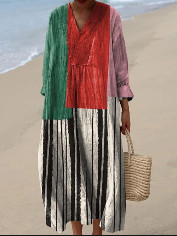 Sõltumatu jaama Euroopa ja Ameerika uus sügisene pikkade varrukatega kleit suurte suurustega V-kaelusega loominguline vabaaja pikkade varrukatega lahtine kleit