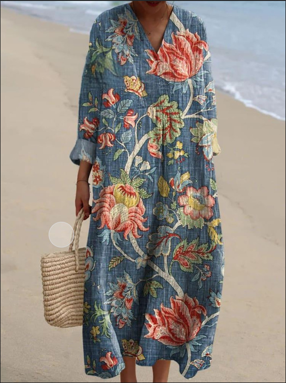 Sõltumatu jaama Euroopa ja Ameerika uus sügisene pikkade varrukatega kleit suurte suurustega V-kaelusega loominguline vabaaja pikkade varrukatega lahtine kleit