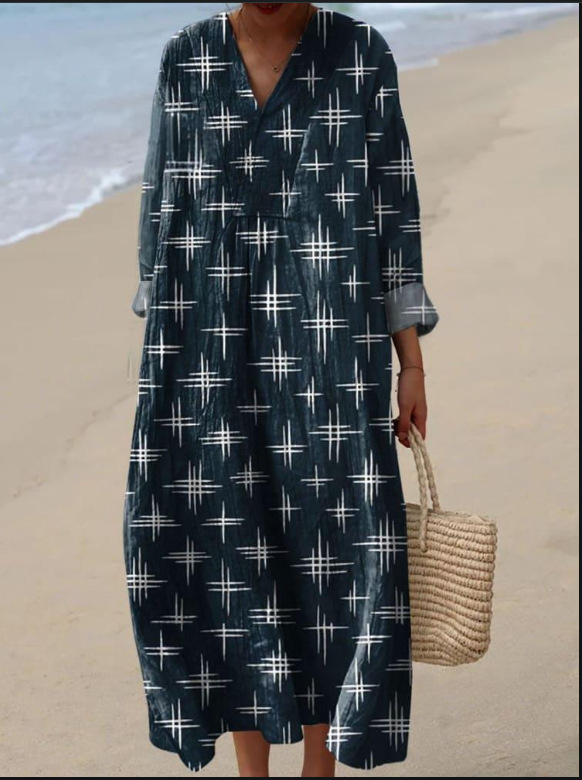 Sõltumatu jaama Euroopa ja Ameerika uus sügisene pikkade varrukatega kleit suurte suurustega V-kaelusega loominguline vabaaja pikkade varrukatega lahtine kleit