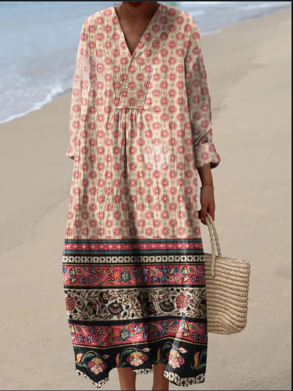 Sõltumatu jaama Euroopa ja Ameerika uus sügisene pikkade varrukatega kleit suurte suurustega V-kaelusega loominguline vabaaja pikkade varrukatega lahtine kleit