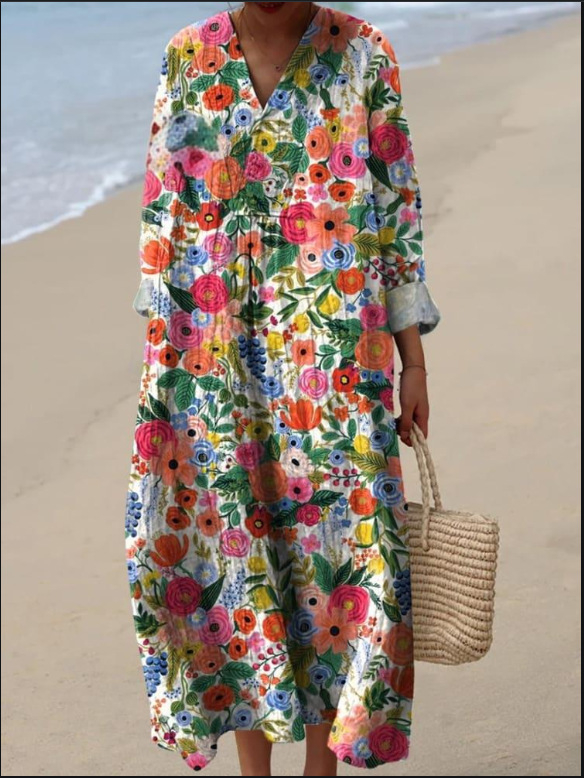 Sõltumatu jaama Euroopa ja Ameerika uus sügisene pikkade varrukatega kleit suurte suurustega V-kaelusega loominguline vabaaja pikkade varrukatega lahtine kleit