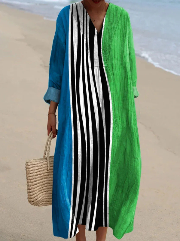 Sõltumatu jaama Euroopa ja Ameerika uus sügisene pikkade varrukatega kleit suurte suurustega V-kaelusega loominguline vabaaja pikkade varrukatega lahtine kleit