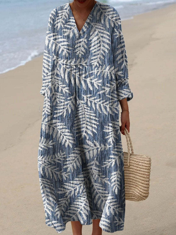 Sõltumatu jaama Euroopa ja Ameerika uus sügisene pikkade varrukatega kleit suurte suurustega V-kaelusega loominguline vabaaja pikkade varrukatega lahtine kleit