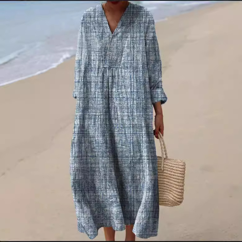 Sõltumatu jaama Euroopa ja Ameerika uus sügisene pikkade varrukatega kleit suurte suurustega V-kaelusega loominguline vabaaja pikkade varrukatega lahtine kleit