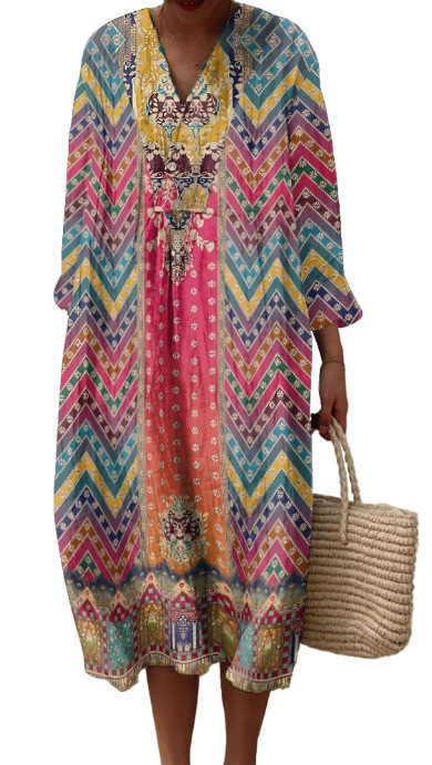 Sõltumatu jaama Euroopa ja Ameerika uus sügisene pikkade varrukatega kleit suurte suurustega V-kaelusega loominguline vabaaja pikkade varrukatega lahtine kleit