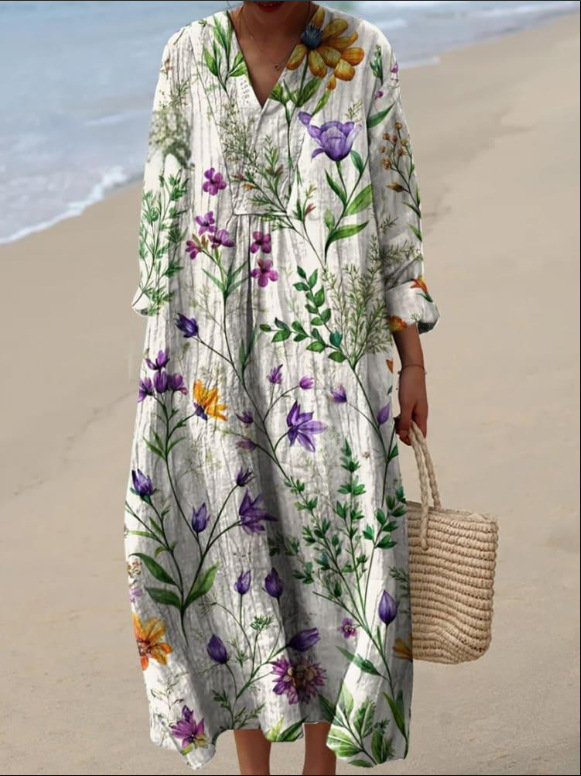 Sõltumatu jaama Euroopa ja Ameerika uus sügisene pikkade varrukatega kleit suurte suurustega V-kaelusega loominguline vabaaja pikkade varrukatega lahtine kleit