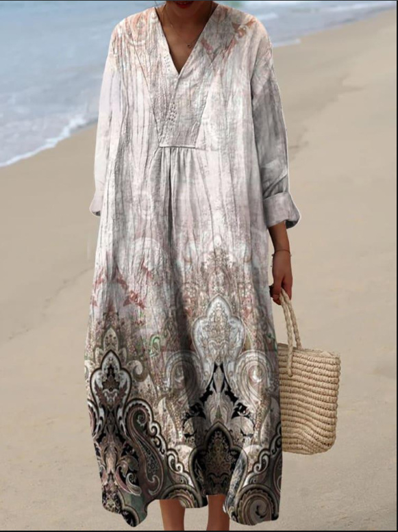 Sõltumatu jaama Euroopa ja Ameerika uus sügisene pikkade varrukatega kleit suurte suurustega V-kaelusega loominguline vabaaja pikkade varrukatega lahtine kleit